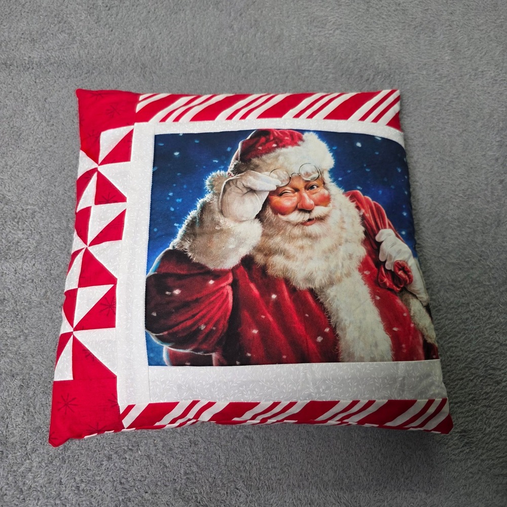 Holiday 15" Throw Pillow Red White Santa Winking Candy Cane Stripe Handmade